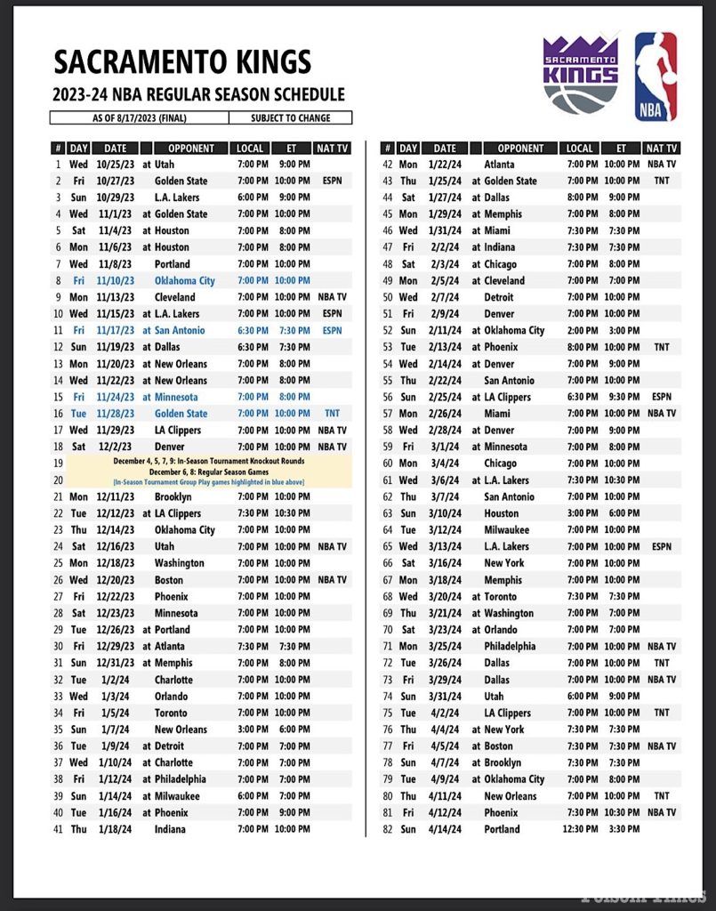 Kings Schedule 2024 Adrea Katharyn