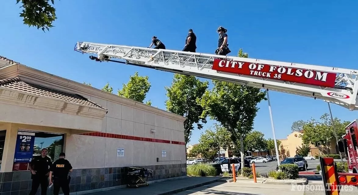 Folsom police, fire remove pipe wielding transient from rooftop 
